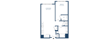A blueprint of a house layout with a living/dining area, bedroom, and WC.