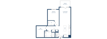 A floor plan of a house with a terrace, bedroom, living/dining area, den, and bathroom.