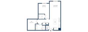 A floor plan of a house with a bedroom, living/dining area, and a den.