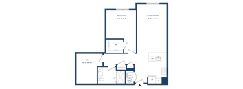 A blueprint of a house layout with a bedroom, living/dining area, den, and bathroom.