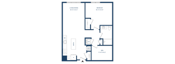 A floor plan of a living area with a bedroom and den.