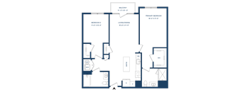 A floor plan of a house with a living room, two bedrooms, a balcony, and a primary bedroom.