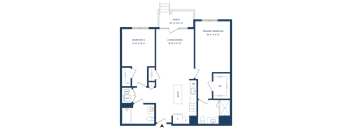 A floor plan of a house with a living room, two bedrooms, a bathroom, and a kitchen.