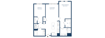 A floor plan of a house with a primary bedroom, a living/dining area, and a second bedroom.