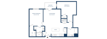 A blue line drawing of a house layout with labeled rooms.