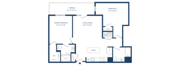 A floor plan of a house with a terrace, two bedrooms, a living/dining area, and an island with a kitchen.