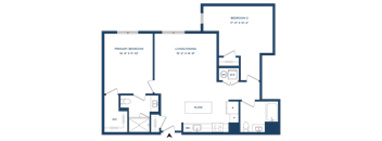 A floor plan of a house with a primary bedroom, a living/dining area, and a second bedroom.