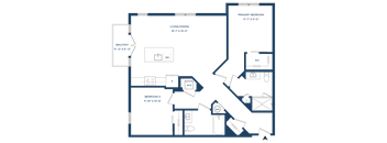 A floor plan of a house with a living room, dining room, two bedrooms, a balcony, and a bathroom.