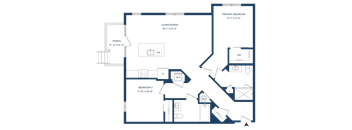 A floor plan of a house with a primary bedroom, a living/dining area, a porch, and two additional bedrooms.
