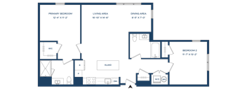 A floor plan of a house with a living area, dining area, and two bedrooms.