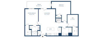 A floor plan of a house with a terrace, two bedrooms, a living/dining area, an island, and a den.