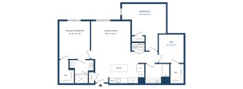 A floor plan of a house with a primary bedroom, living/dining area, two bathrooms, and a den.