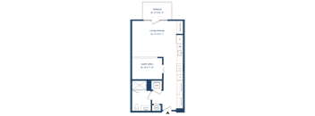 A floor plan of a house with a living/dining area, sleeping area, and terrace.