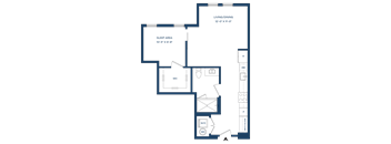 A floor plan of a house with a living/dining area, sleep area, and a bathroom.