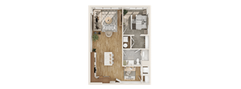 A floor plan of a small apartment with a living room, bedroom, and den.