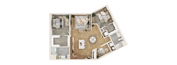 A 3D floor plan of a house showing a living room, two bedrooms, a bathroom, and a den.