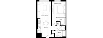 A black and white floor plan of a house with a living room, dining room, kitchen, bathroom, and primary suite.