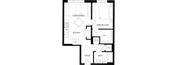 A black and white floor plan of a house with a living/dining area, kitchen, primary suite, foyer, bath, and closet.