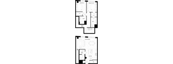 A black and white image of a house floor plan with two bedrooms, a primary suite, a home office, a living/dining area, a kitchen, and two bathrooms.
