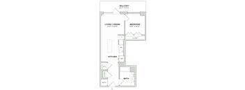 A floor plan of a balcony, living/dining area, kitchen, bathroom, and bedroom.