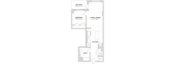 A floor plan of a home showing a bedroom, living/dining area, kitchen, and bathroom.