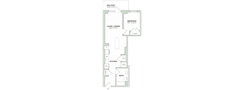 A floor plan of an apartment with a balcony, living/dining area, kitchen, bathroom, and bedroom.
