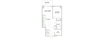 A floor plan of a home with a balcony, living/dining area, kitchen, bathroom, and bedroom.