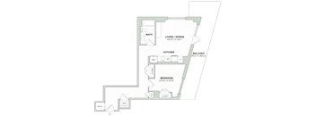 A floor plan of a house with a living room, kitchen, and bedroom.