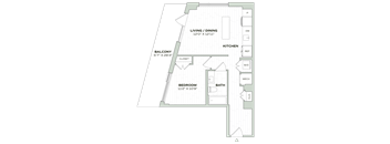 A floor plan of a home showing a living/dining area, kitchen, bathroom, and bedroom.