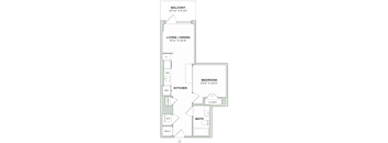 A floor plan of a house with a balcony, living/dining area, kitchen, bedroom, bathroom, and closet.