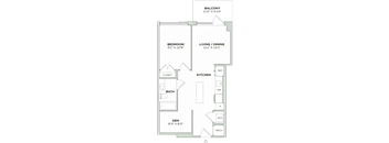 A floor plan of a small apartment with a balcony, bedroom, living/dining area, kitchen, bathroom, and den.