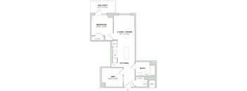 A floor plan of a house with a balcony, bedroom, living/dining area, kitchen, bathroom, and den.
