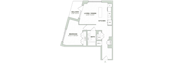 A floor plan of a room showing a bedroom, bathroom, living/dining area, kitchen, and closets.