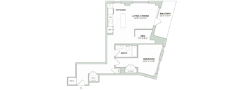 A floor plan of a house with a kitchen, living room, dining room, balcony, den, bathroom, and two closets.