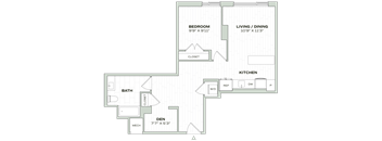 A floor plan of a home with a den, bedroom, living/dining area, and kitchen.