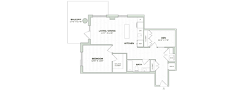 A floor plan of a house with a balcony, living/dining area, kitchen, bedroom, bathroom, and den.