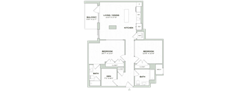 A floor plan of a house with a living area, two bedrooms, a bathroom, a kitchen, and a balcony.
