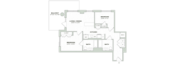 A floor plan of a house with a living room, two bedrooms, a kitchen, and two bathrooms.
