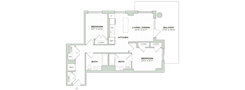 A floor plan of a house with a balcony, two bathrooms, a kitchen, and two bedrooms.