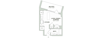 A floor plan of a small apartment with a balcony, kitchen, living/dining/sleeping area, bathroom, and closet.