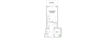 A floor plan of a two-bedroom apartment with a balcony, kitchen, living/dining area, and bathroom.