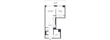 A floor plan of a small apartment with a balcony, kitchen, living/dining area, bedroom, and bathroom.