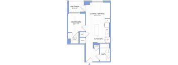 A floor plan of an apartment with a balcony, bedroom, living/dining area, kitchen, bathroom, and closet.
