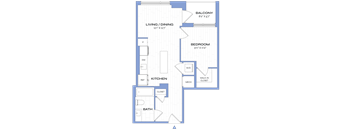 A blueprint of a house layout with a balcony, living/dining area, kitchen, bathroom, and bedroom.