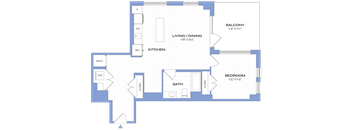 A blueprint of a house layout with a living room, kitchen, and bedroom.