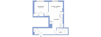 A floor plan of a house showing a bedroom, living/dining area, kitchen, bathroom, and closet.
