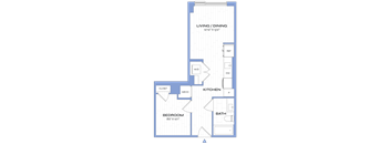 A floor plan of a small apartment with a living/dining area, kitchen, bedroom, bathroom, and closet.