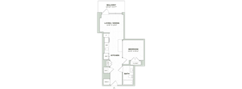 A floor plan of a home with a balcony, living/dining area, kitchen, bedroom, bathroom, closet, and a mech.