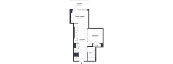 A floor plan of a house with a balcony, living/dining area, kitchen, bedroom, bathroom, closet, and a coat closet.