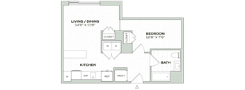 A floor plan of a home with a living/dining area, kitchen, bedroom, and bathroom.